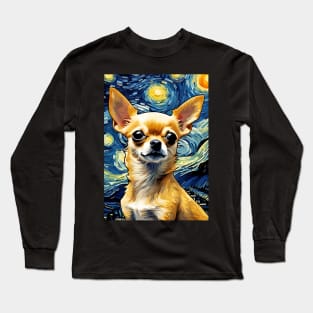 Chihuahua Dog Breed Painting in a Van Gogh Starry Night Art Style Long Sleeve T-Shirt